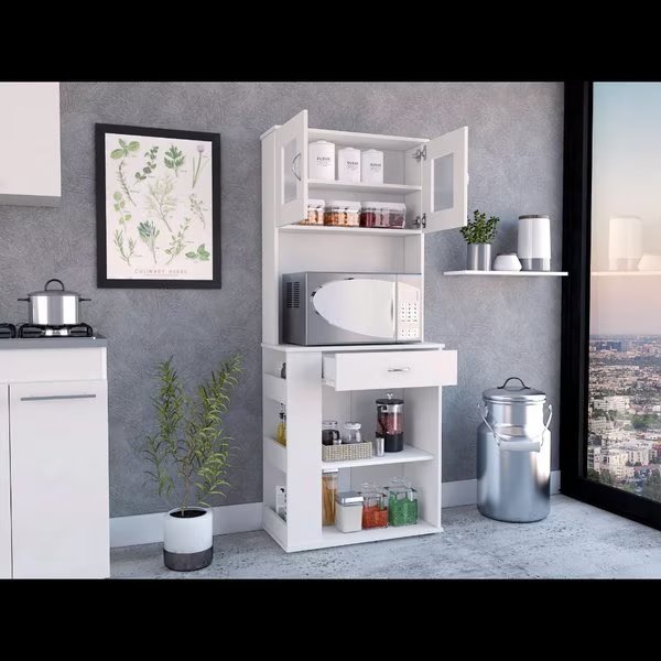 Capienza Pantry Cabinet, Two Shelves, Double Door, One Drawer, Three Side Shelves, White, Tuhome, Mfr#: ALB6481